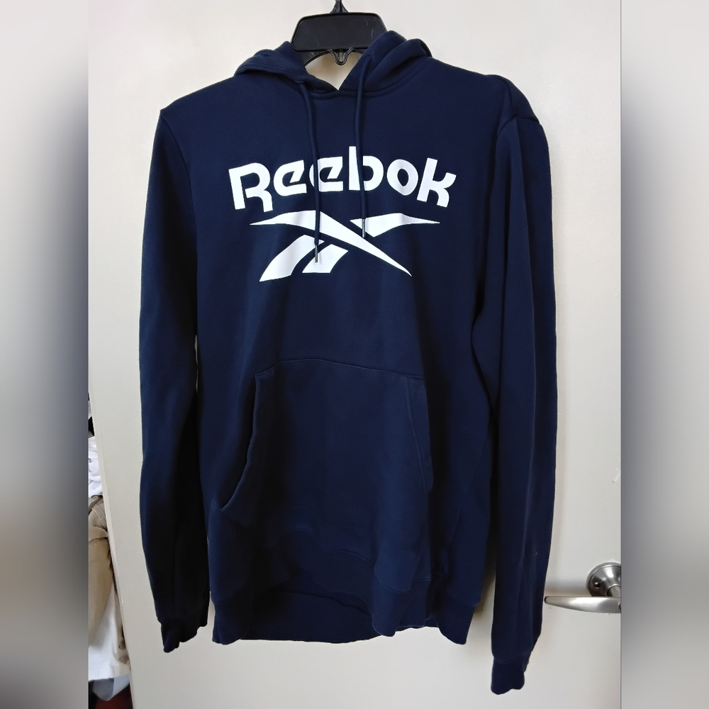 Reebok Men's Navy Blue Pullover Hoodie with White Logo